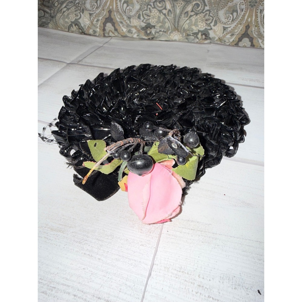 Vintage Marche Exclusive Black Cellophane Cocktail Hat Pink Rose Birdcage Veil